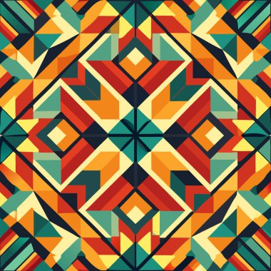 Bu sanat eserinde üçgen ve elmaslardan oluşan çarpıcı bir geometrik desen canlı renklerde sergileniyor. Modern dekor ya da grafik tasarım projeleri için ideal, dinamik bir görsel etki yaratır..