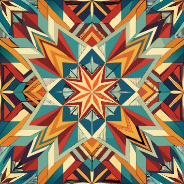 Bu canlı tasarım geometrik şekil ve renklerden oluşan bir kaleydoskop ile çevrelenmiş merkezi bir yıldıza sahiptir. Karmaşık desen keskin çizgiler ve simetri gösteriyor, dikkat çekiyor..