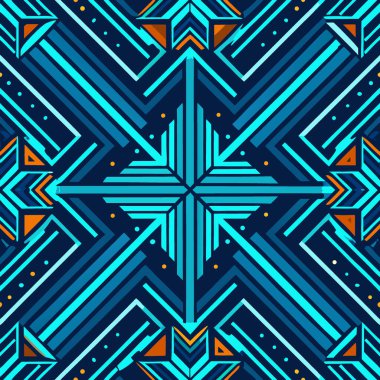 Kalın mavi çizgiler, üçgenler ve turuncu aksanlardan oluşan dinamik geometrik desen koyu bir arkaplanda gösterilir ve çeşitli uygulamalar için modern bir sanatsal görünüş yaratır..