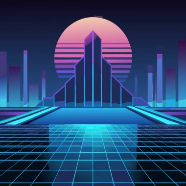 Canlı bir manzara, yükselen güneşin altında geometrik yapılar sergiliyor. Sahneye neon renkleri hükmediyor, dijital bir diyarda atmosfer yaratıyor..