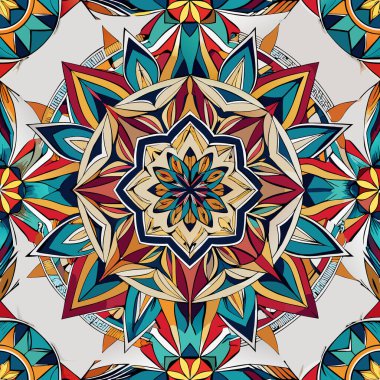 Kalın renkler ve ayrıntılı şekiller çarpıcı bir mandala tasarımı oluşturur. Yaratıcılığa ve sanatsal ifadeye ilham veren karmaşık geometrik desenler sergiler..