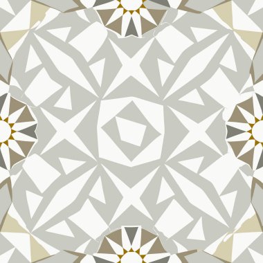 Detaylı geometrik desen, iç tasarım aksanları veya duvar kağıdı için ideal gri, bej ve beyaz tonlarında iç içe geçmiş şekiller ve yıldızları içerir..