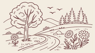 Çiçekler ve uzun ağaçlarla çevrili, yemyeşil, dolambaçlı bir yol. Kuşlar açık gökyüzünde süzülür, huzurlu bir kırsalın huzurunu yakalarlar..