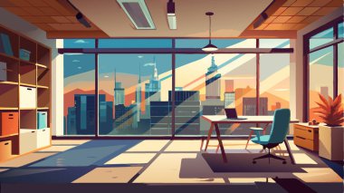 Bu canlı ofis alanı, gün batımında çarpıcı bir şehir siluetine açılan geniş pencereler içeriyor. Odayı aydınlatıyor ve çalışma için ilham verici atmosferini arttırıyor..