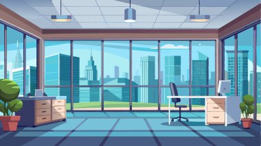 Geniş pencereli geniş bir ofis, gün içinde şehrin ufuk çizgisinin çarpıcı bir görüntüsünü sunuyor. Odada minimalist mobilyalar ve bitkiler var, iş için hoş geldin atmosferi yaratıyorlar..