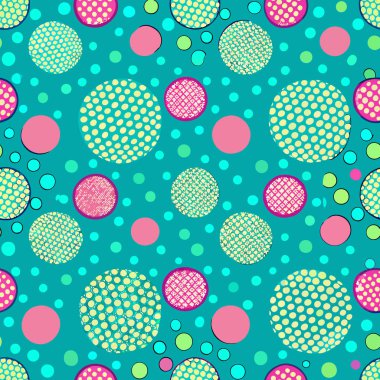 Polka noktaları ve dokulardan oluşan parlak renkli dairesel desenler bir deniz mavisi arka planına karşı göz alıcı bir tasarım yaratıyor. Şekillerin çeşitliliği eğlenceli bir estetik sunar.