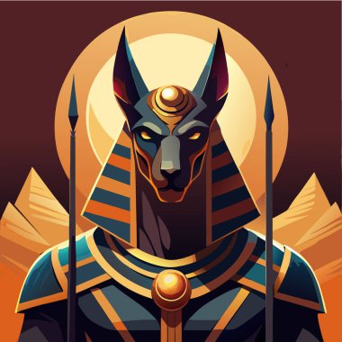 Anubis 'in stilize edilmiş bir tasvirinde, piramitlerin üzerinde canlı bir günbatımına karşı dizilmiş, kral kıyafeti giymiş, mızraklarla süslenmiş köpek başlı altın ve siyah bir figür yer alıyor..
