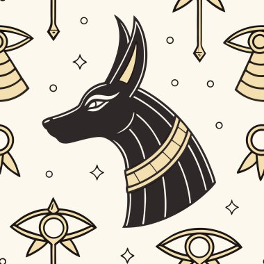 Çarpıcı bir illüstrasyonda Anubis, Mısır 'ın öbür dünya tanrısı, antik kültür ve tarihi çağrıştıran geleneksel semboller ve geometrik desenlerle çerçevelenmiş..