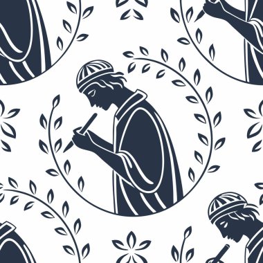 Bir klasik figür dekoratif yaprak motifi ile çevrili bir müzik aleti çalarken resmedilir. Tasarım, sanat ve doğayı harmanlıyor. Huzur ve tarih hissi uyandırıyor..