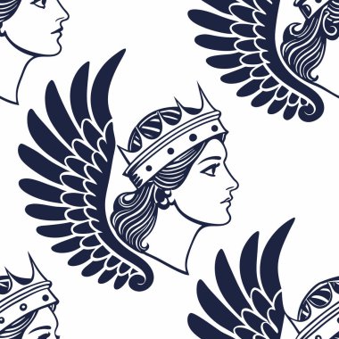 Karmaşık tasarım, beyaz desenli, tekstil ve duvar kağıtları için ideal koyu mavi renkte, zarif ve sanatsal özellikleri vurgulayan, kanatlı bir tanrıçanın birden fazla profilini sergiliyor..