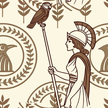 Eserde miğfer takan ve elinde baykuşla asasını tutan bir kadın savaşçı tasvir ediliyor. Arkaplanda antik bilgelik ve cesaret sembollerini temsil eden karmaşık tasarımlar yer alıyor..