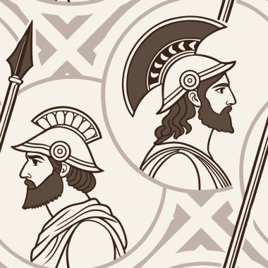 İki savaşçı, miğferlerini ve mızraklarını gösteren detaylı profillerle resmedilir. Sanat eserleri, tarihi önemi vurgulayarak, antik savaşların unsurlarını ve geleneksel giysileri yansıtıyor..