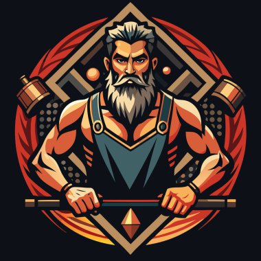 Güçlü bir karakter grafik sanat tarzında tasvir edilir, araçlar tutar ve güç yayar. Dinamik tasarım güçlü renkler ve geometrik elementler içerir..