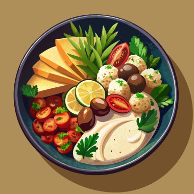 Renkli tabaklar, kremalı humus, zeytin, peynir dilimleri, vişneli domatesler ve taze otlarla kaplı bir Akdeniz tabağı sergiliyor. Hafif bir yemek veya aperatif için mükemmel..