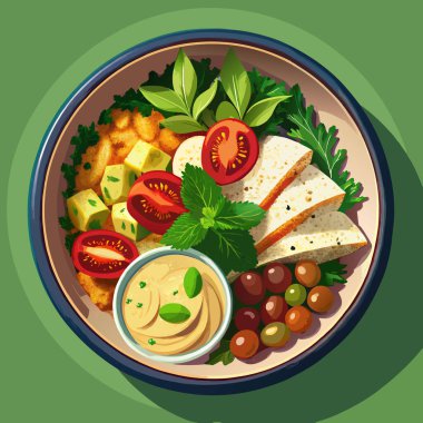 Canlı bir tabakta taze domates, zeytin, peynir ve otlarla süslenmiş humus da dahil olmak üzere çeşitli Akdeniz yemekleri sergilenmektedir. Çanak, basit yeşil bir arkaplana göre ayarlandı.
