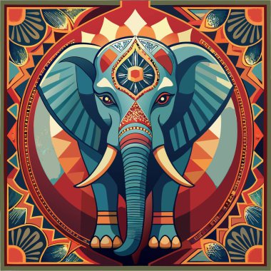 Bu sanat eseri, cesur geometrik şekillerle çevrili belirgin bir mavi fili gösteriyor. Süslü tasarımı kültürel önemi ve sanatsal ifadeyi yansıtır. Güzelliği ve geleneği somutlaştırır..