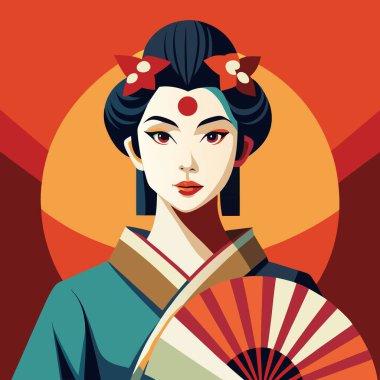 Zarif bir Japon kadını geleneksel bir kimono giyerken poz veriyor. Çiçekli saç tokaları ve alnında kırmızı bir noktayla süslenmiş. Renkli arka planda dekoratif bir yelpaze tutuyor..