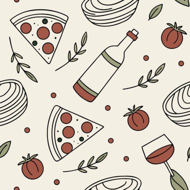 Renkli tasarım, lezzetli pizza dilimleri, bir şarap şişesi, olgun domatesler ve otlar sergiliyor. Yemek severler için ideal rahat bir ortam yaratıyor. Mutfak dekorasyonu ya da mutfak projeleri için mükemmel..