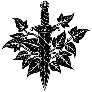 Ayrıntılı bir illüstrasyonda sarmaşık yapraklarıyla çevrili bir kılıç tasvir edilir, metal ve doğa arasında çarpıcı bir kontrast yaratır. Tasarım yaratıcılığı ve işçiliği vurguluyor.