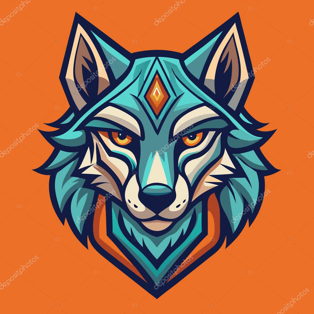 A vividly colored wolf head features striking geometric shapes and sharp lines. The design showcases a fierce expression against a bright orange backdrop, blending art and nature.