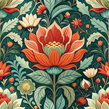 Bu sanat eserinde çeşitli bitki ve çiçeklerden oluşan zengin bir çiçek tasarımı sergileniyor. Karmaşık detaylar ve canlı renkler içeriyor. Görsel olarak çarpıcı bir kompozisyon yaratıyor..