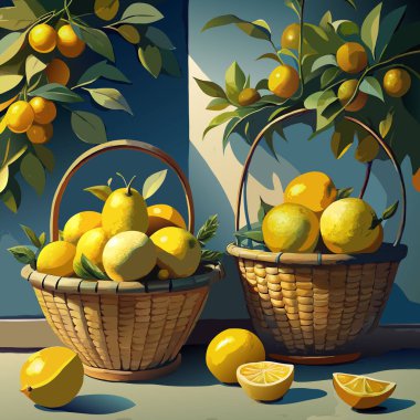 Taze limon ve portakallarla dolu iki sepet güneş ışığıyla aydınlatılmış bir yüzeyde duruyor. Birkaç meyve etrafa saçılmış, neşeli ve canlı atmosferi güçlendiriyor..