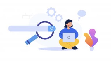 İnternet arama kavramı ve kadın ve dizüstü bilgisayar animasyonu. Bilgisayarda serbest çalışan kadın. Serbest çalışan 4K animasyonu.