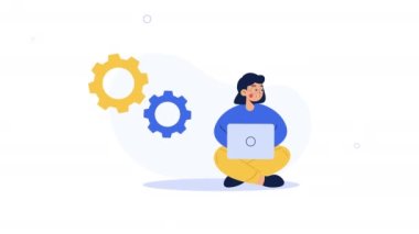 Dişliler kavramı ve kadın ve dizüstü bilgisayar animasyonu. Bilgisayarda serbest çalışan kadın. Serbest çalışan hayat 4K animasyonu.