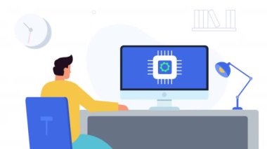 Bilgisayar çipi konsepti animasyonu. Bilgisayar animasyonu üzerinde çalışan adam. Bilgisayarla oturan ve simgeyle çalışan genç adam..