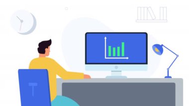 Bussines grafik konsepti animasyonu. PC animasyonu üzerinde çalışan adam. PC ile oturan ve simgeyle çalışan genç adam..