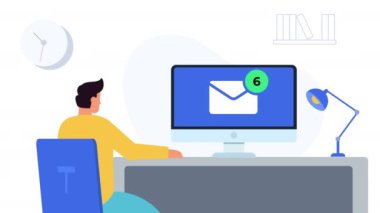 Yeni e-posta konsepti animasyonu. PC animasyonu üzerinde çalışan adam. Bilgisayarla oturan ve simgeyle çalışan genç adam..