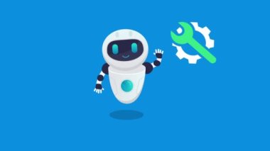 Cogwheel simgesi ve sevimli robot animasyonu. Robot karakter animasyonu. düz modern çizgi film karakteri.