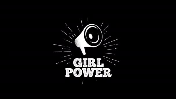 Girl Power Megaphone Ručně Kreslené Odznak Animace Vintage Sluneční Paprsky — Stock video