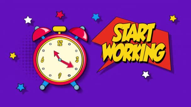 Start Working Alarm Clock Pop Art Style Animation — Stock Video