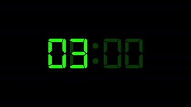 03: 00 - Dijital saat zamanlayıcısı animasyonu. Siyah arkaplan üzerindeki yeşil dijital metin animasyonu.