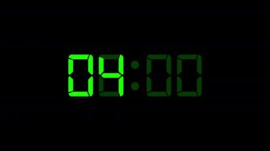 04: 00 - Dijital saat zamanlayıcısı animasyonu. Siyah arkaplan üzerindeki yeşil dijital metin animasyonu.