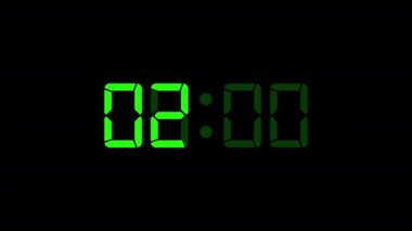 02: 00 - Dijital saat zamanlayıcısı animasyonu. Siyah arkaplan üzerindeki yeşil dijital metin animasyonu.