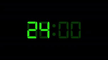 24: 00 - Dijital saat zamanlayıcısı animasyonu. Siyah arkaplan üzerindeki yeşil dijital metin animasyonu.