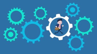 Tekerlekli vites 4K animasyonunda çalışan bir işadamı