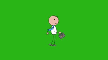 Stickman iş adamı yürüme animasyonu, el çizimi çizgi film animasyonu. Yeşil Şeffaf Arkaplan. Krom anahtar..