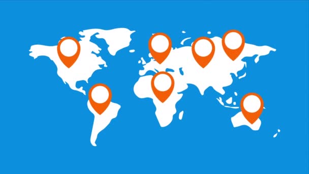 Wereld Kaart Pin Animatie Wereldkaart Met Geolocatiemarkeringen Bewegingsanimatie Levering Logistiek — Stockvideo