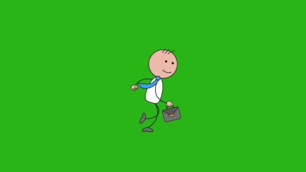 スティックマンビジネスマンの歩行アニメーション 手描きの漫画の動きアニメーション 緑の透明背景 クロマキー — ストック動画