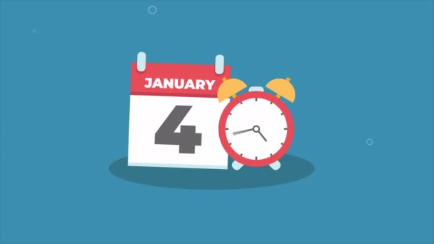 1月4日のコンセプトテンプレートカレンダーページアニメーションコンセプト カレンダーと目覚まし時計アニメーション — ストック動画
