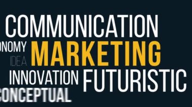 Pazarlama Kelime Bulut animasyon konsepti. Kinetik Typography animasyonu. Kolaj hologramla ilgili kelimelerden oluşur..