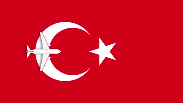 トルコの4Kモーションアニメーションの旗の上を飛ぶアニメーション飛行機 — ストック動画