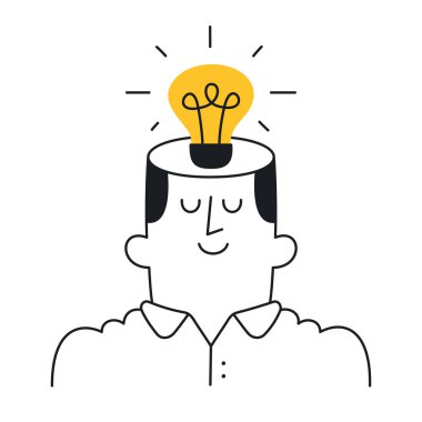 Parlak Fikir Anı - Kafasının üstünde ampul olan bir adam. Düzenlenebilir bir vuruş ile Doodle biçimi.