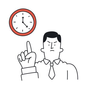 İşadamı saati işaret ederek acil durum gösteriyor. Düzenlenebilir grevle karalama biçimi.