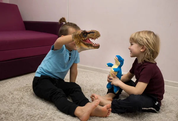 Preschool Boys Play Role Playing Games Dinosaur Toys Sitting Floor — Stock Photo, Image