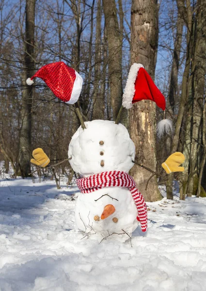 Весёлый Забавный Милый Снеговик Перевернулся Снежном Лесу Санта Шляпы Ногах — стоковое фото