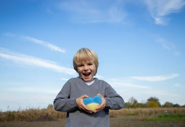 Joyeux Enfant Heureux Contre Ciel Bleu Tenant Coeur Tricoté Jaune — Photo